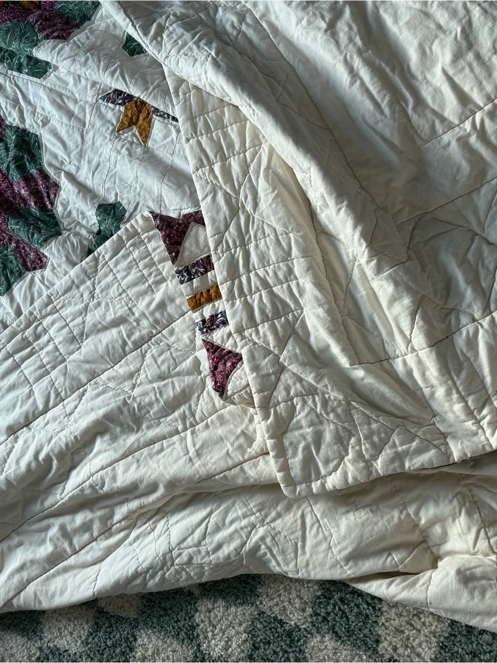 Vtg 90s Reproduction Quilt Patchwork Floral Medallion Queen Cotton Purple Green